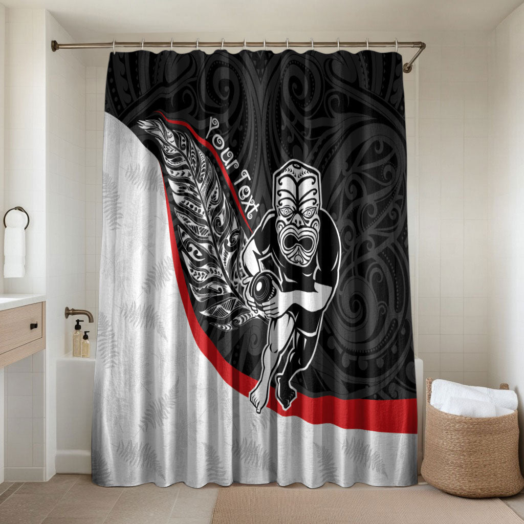 Personalised Aotearoa Lawn Bowls Bathroom Set Maori Warrior and Silver Fern Sporty Style LT03 Shower Curtain Only Black - Polynesian Pride