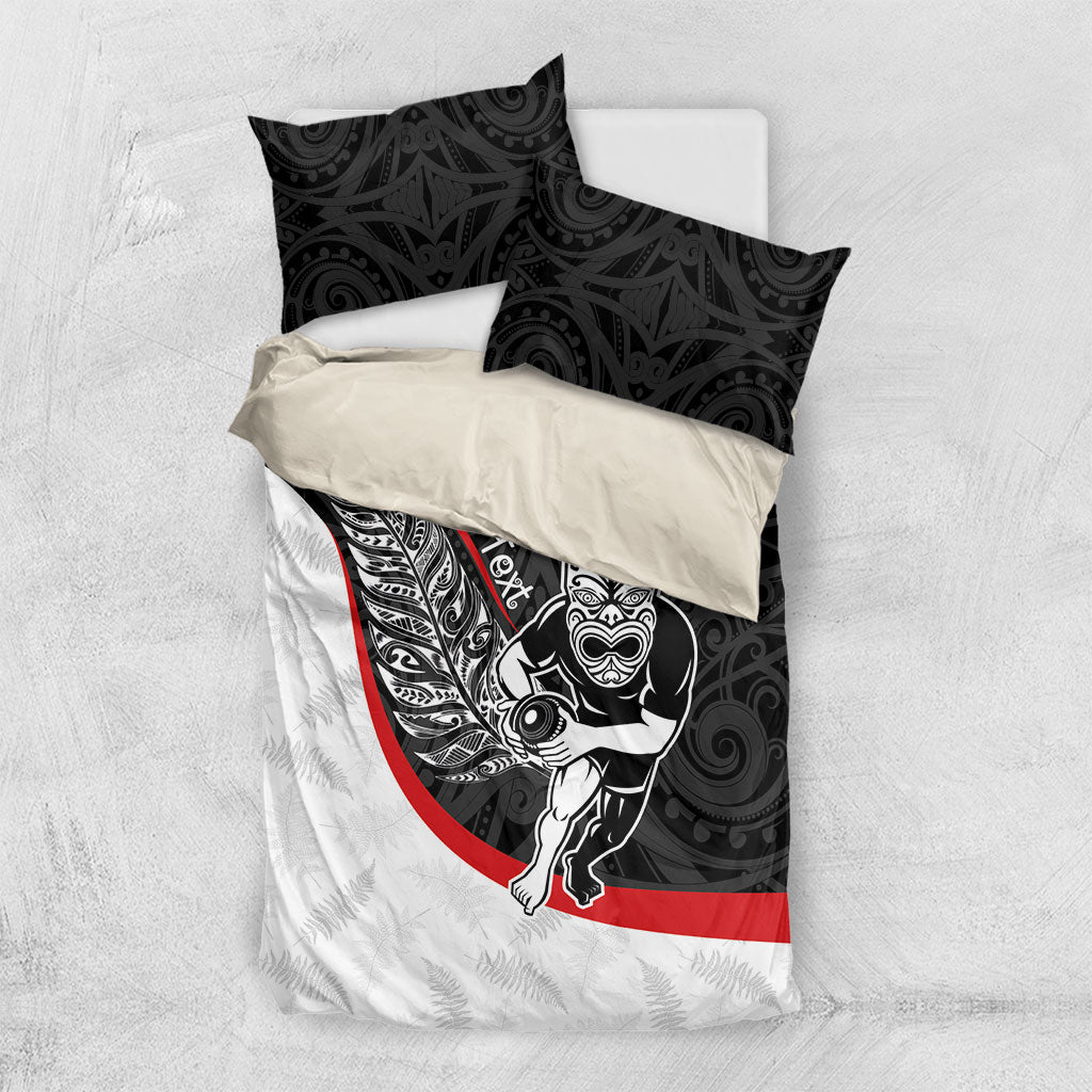 Personalised Aotearoa Lawn Bowls Bedding Set Maori Warrior and Silver Fern Sporty Style LT03 US Twin 172cm x 218cm Black - Polynesian Pride