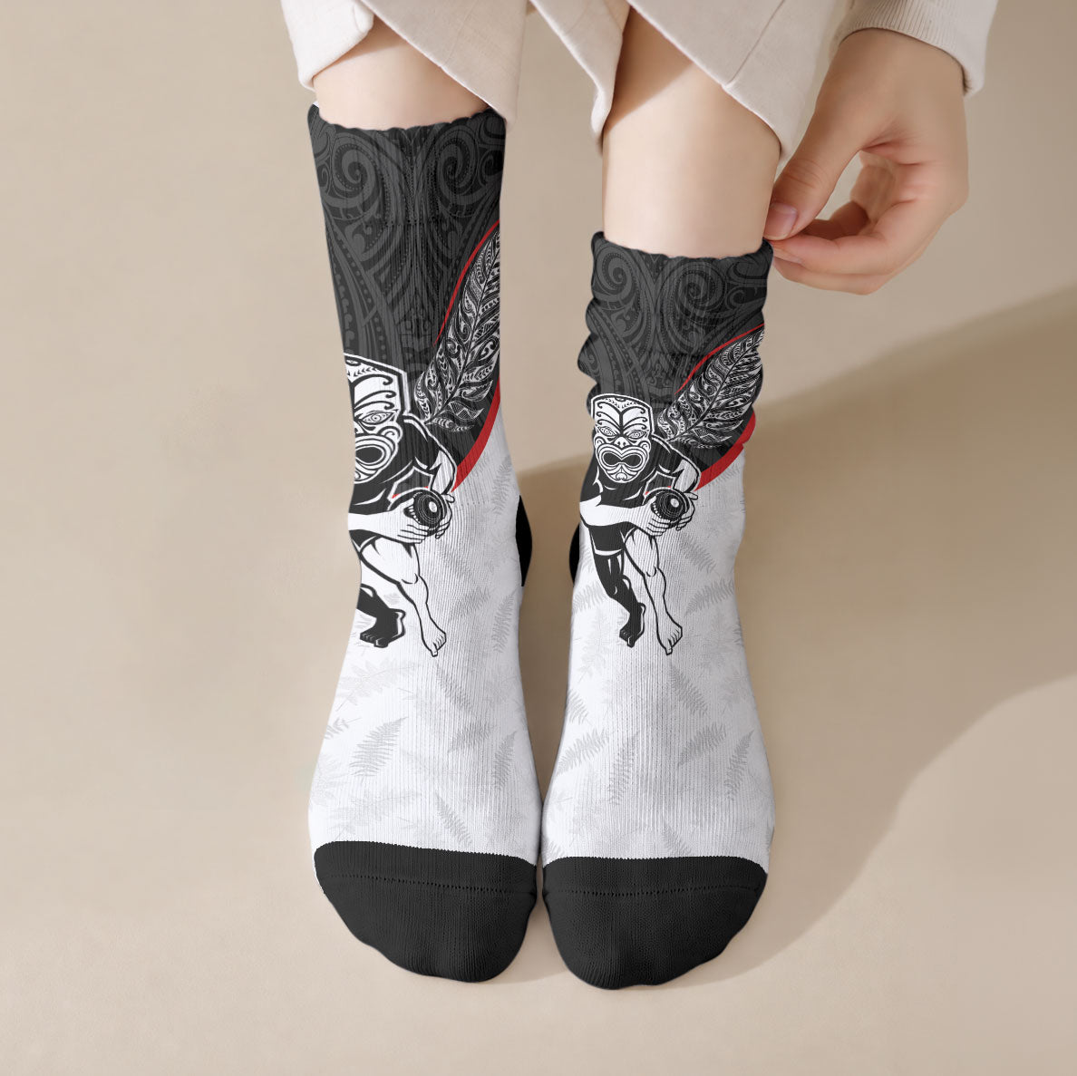 Aotearoa Lawn Bowls Crew Socks Maori Warrior and Silver Fern Sporty Style LT03 Crew Socks Black - Polynesian Pride