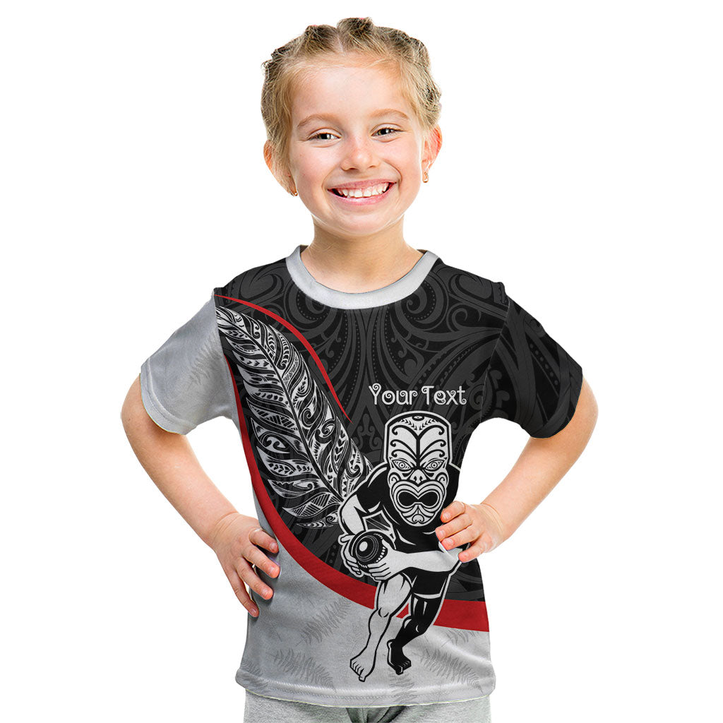 Personalised Aotearoa Lawn Bowls Kid T Shirt Maori Warrior and Silver Fern Sporty Style LT03 Black - Polynesian Pride