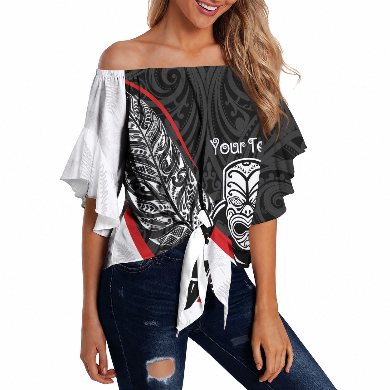 Personalised Aotearoa Lawn Bowls Off Shoulder Wrap Waist Top Maori Warrior and Silver Fern Sporty Style LT03 Black - Polynesian Pride