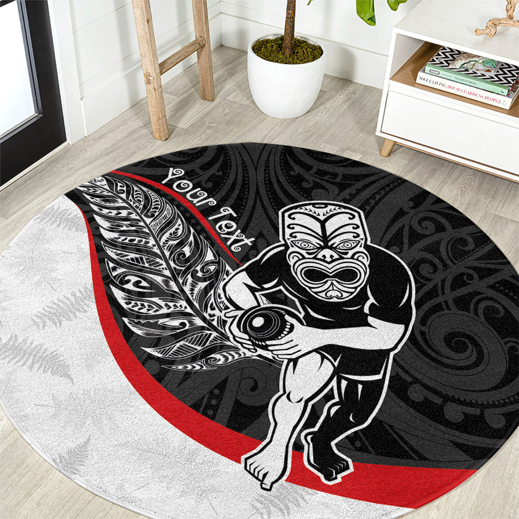 Personalised Aotearoa Lawn Bowls Round Carpet Maori Warrior and Silver Fern Sporty Style LT03 Black - Polynesian Pride