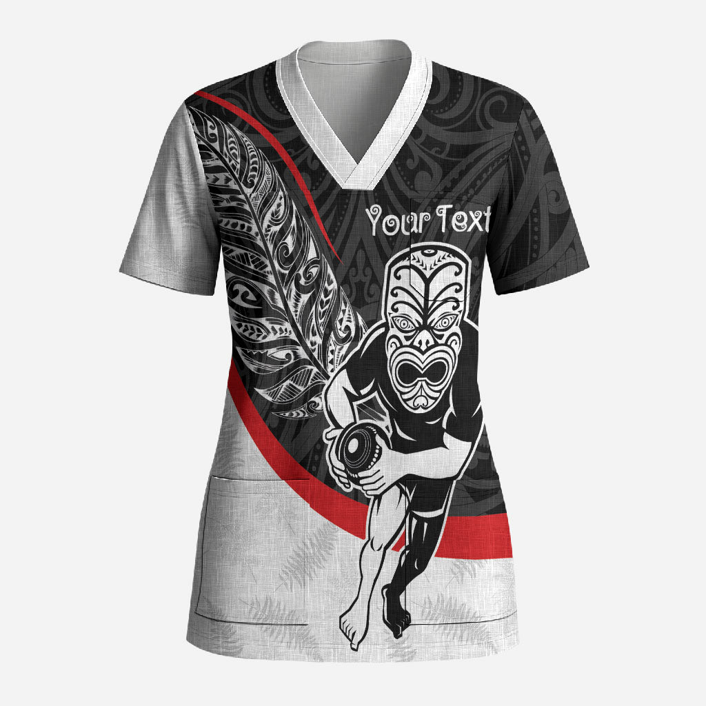 Personalised Aotearoa Lawn Bowls Scrub Top Maori Warrior and Silver Fern Sporty Style LT03 Adult Black - Polynesian Pride