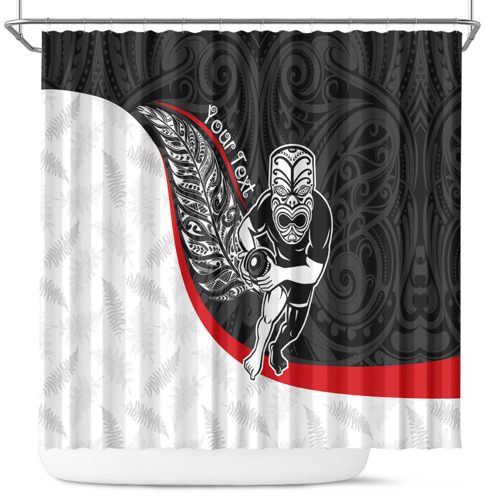 Personalised Aotearoa Lawn Bowls Shower Curtain Maori Warrior and Silver Fern Sporty Style LT03 Black - Polynesian Pride