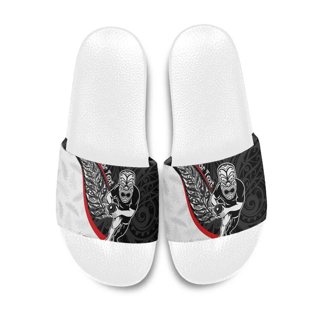 Personalised Aotearoa Lawn Bowls Slide Sandals Maori Warrior and Silver Fern Sporty Style LT03 Black - Polynesian Pride