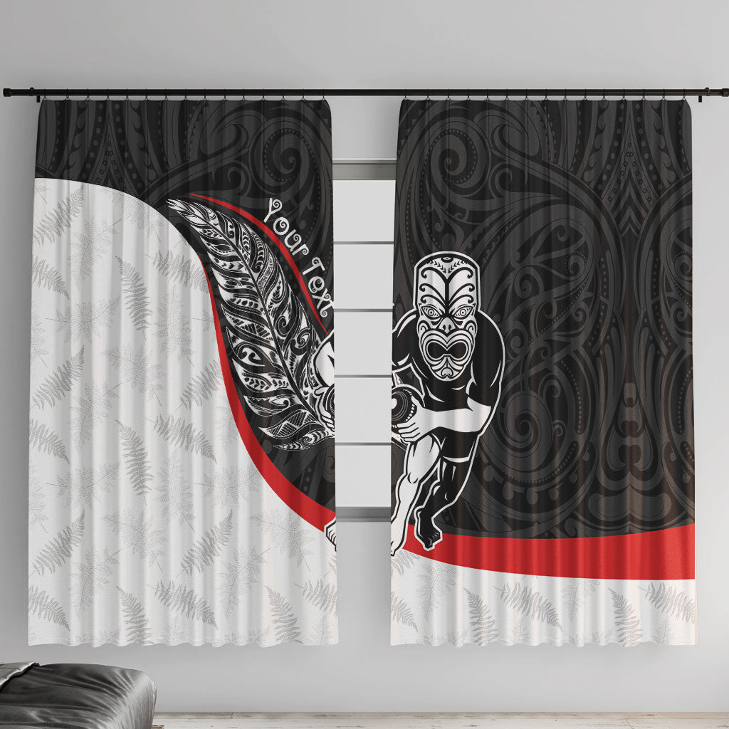 Personalised Aotearoa Lawn Bowls Window Curtain Maori Warrior and Silver Fern Sporty Style LT03 With Hooks Black - Polynesian Pride