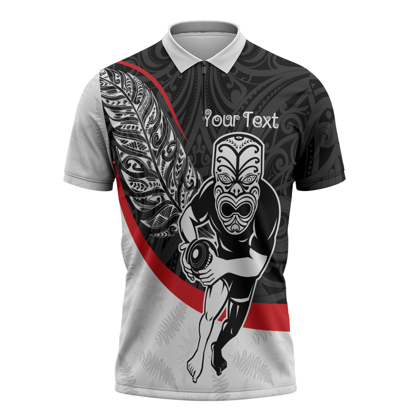 Personalised Aotearoa Lawn Bowls Zipper Polo Shirt Maori Warrior and Silver Fern Sporty Style LT03 Black - Polynesian Pride