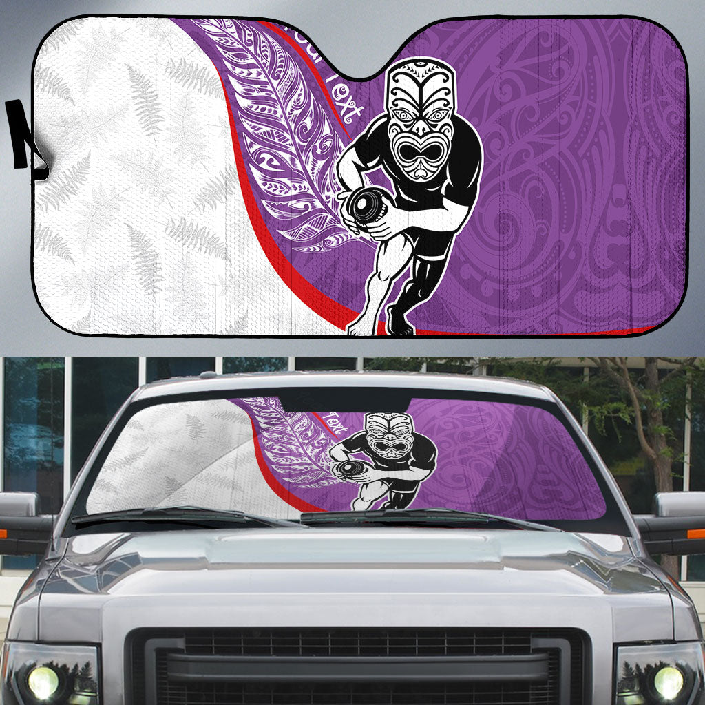 Personalised Aotearoa Lawn Bowls Auto Sun Shade Maori Warrior and Silver Fern Sporty Style Purple LT03 Purple - Polynesian Pride