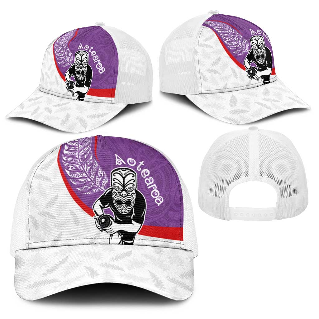 Aotearoa Lawn Bowls Baseball Net Cap Maori Warrior and Silver Fern Sporty Style Purple LT03 - Polynesian Pride