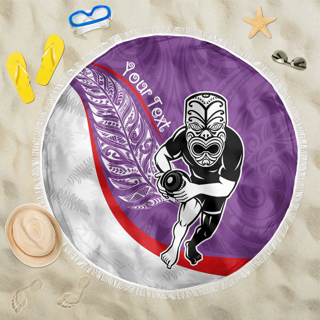 Personalised Aotearoa Lawn Bowls Beach Blanket Maori Warrior and Silver Fern Sporty Style Purple