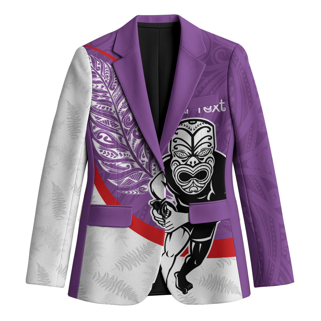 Personalised Aotearoa Lawn Bowls Blazer Maori Warrior and Silver Fern Sporty Style Purple