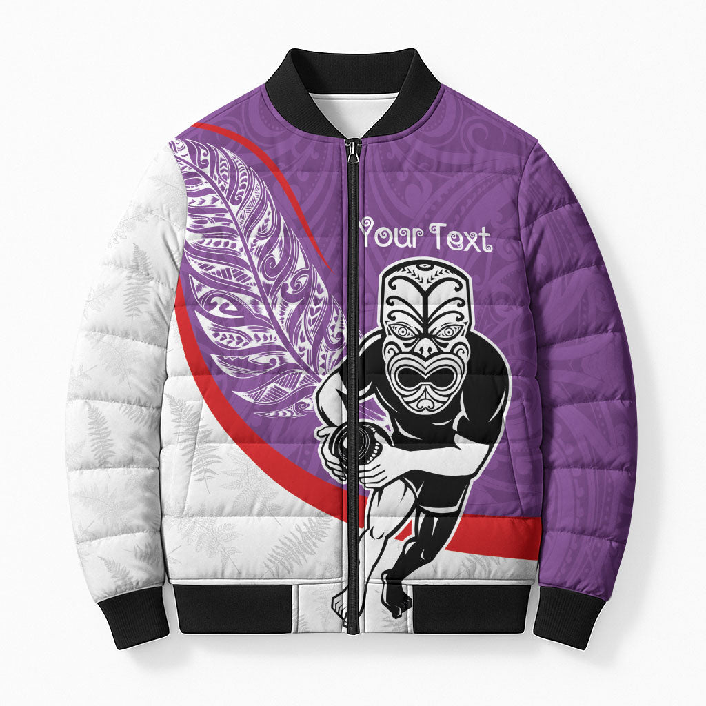 Personalised Aotearoa Lawn Bowls Bomber Puffer Jacket Maori Warrior and Silver Fern Sporty Style Purple LT03 Unisex Purple - Polynesian Pride