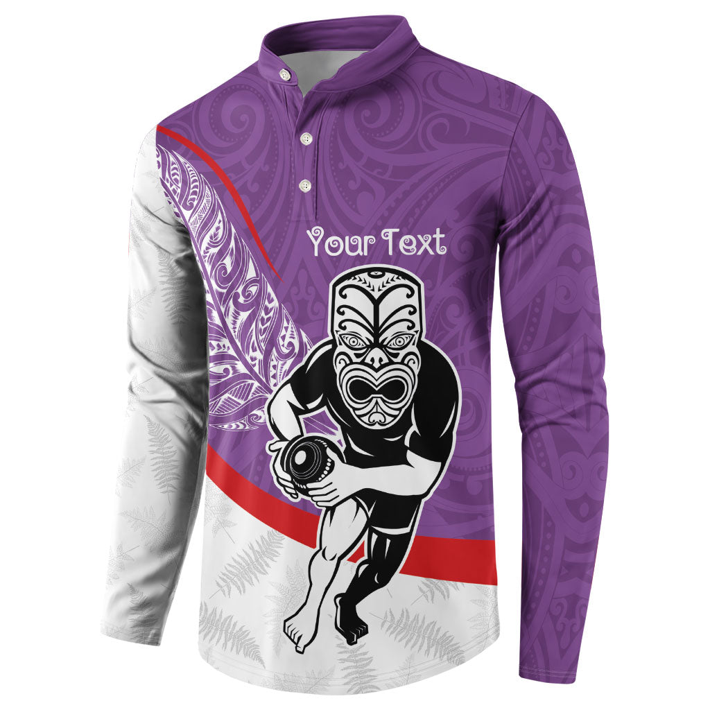 Personalised Aotearoa Lawn Bowls Button Sweatshirt Maori Warrior and Silver Fern Sporty Style Purple LT03 - Polynesian Pride