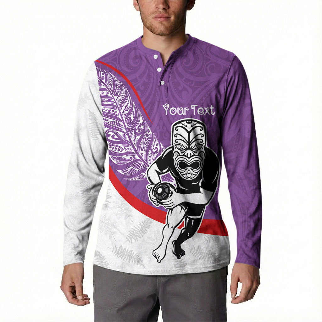 Personalised Aotearoa Lawn Bowls Button Sweatshirt Maori Warrior and Silver Fern Sporty Style Purple LT03 - Polynesian Pride