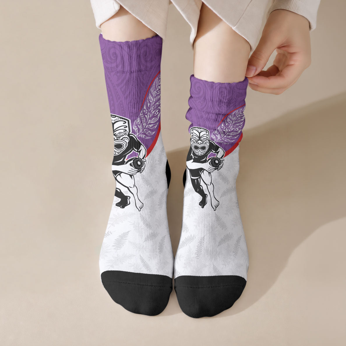 Aotearoa Lawn Bowls Crew Socks Maori Warrior and Silver Fern Sporty Style Purple LT03 Crew Socks Purple - Polynesian Pride