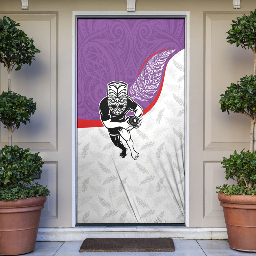 Aotearoa Lawn Bowls Door Cover Maori Warrior and Silver Fern Sporty Style Purple