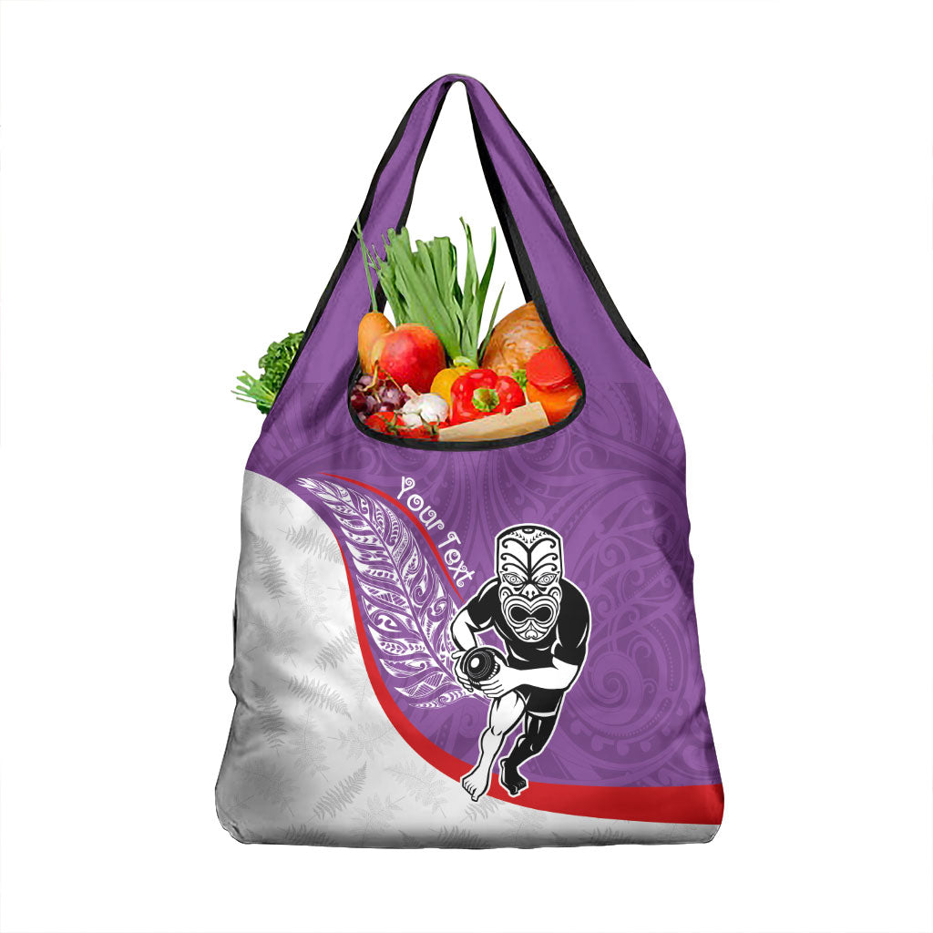 Personalised Aotearoa Lawn Bowls Grocery Bag Maori Warrior and Silver Fern Sporty Style Purple