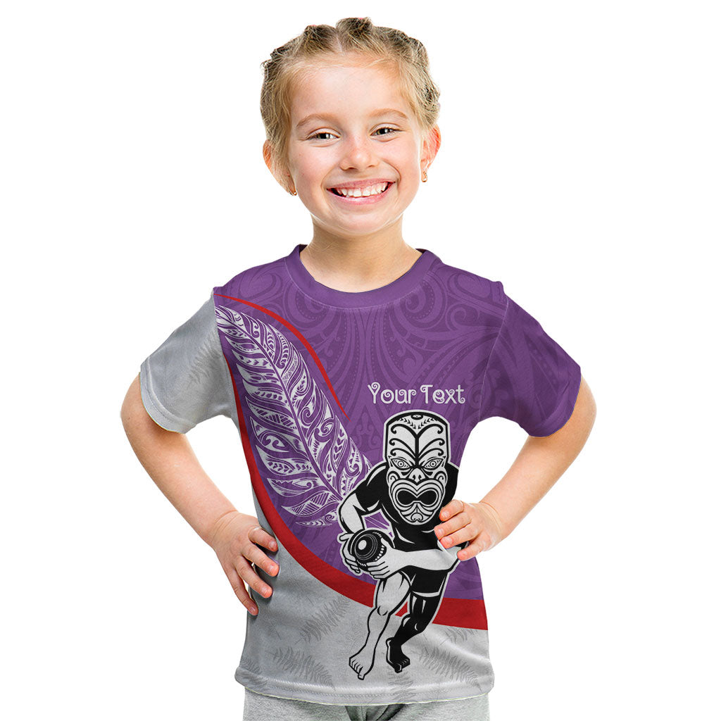 Personalised Aotearoa Lawn Bowls Kid T Shirt Maori Warrior and Silver Fern Sporty Style Purple LT03 Purple - Polynesian Pride