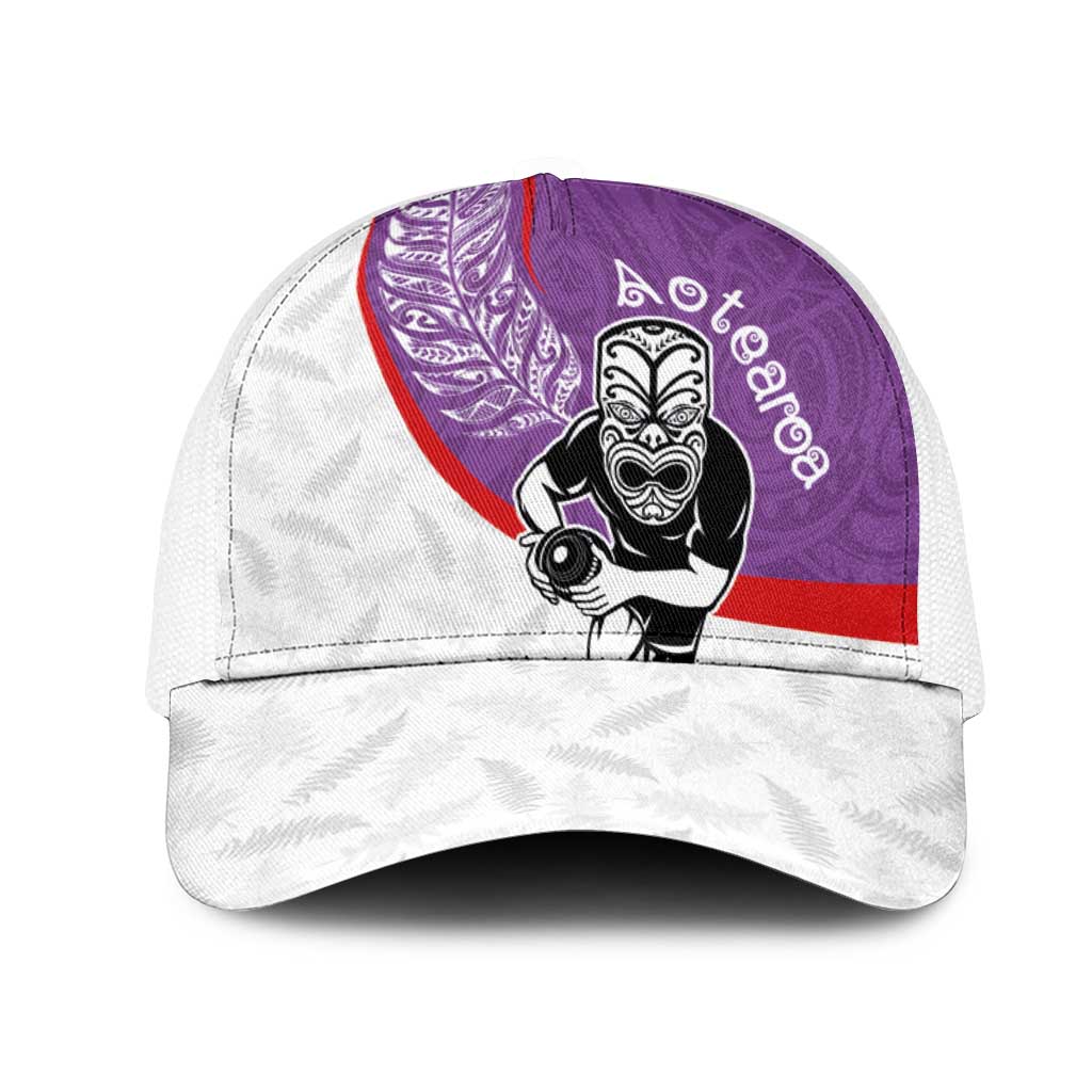 Aotearoa Lawn Bowls Mesh Trucker Cap Maori Warrior and Silver Fern Sporty Style Purple