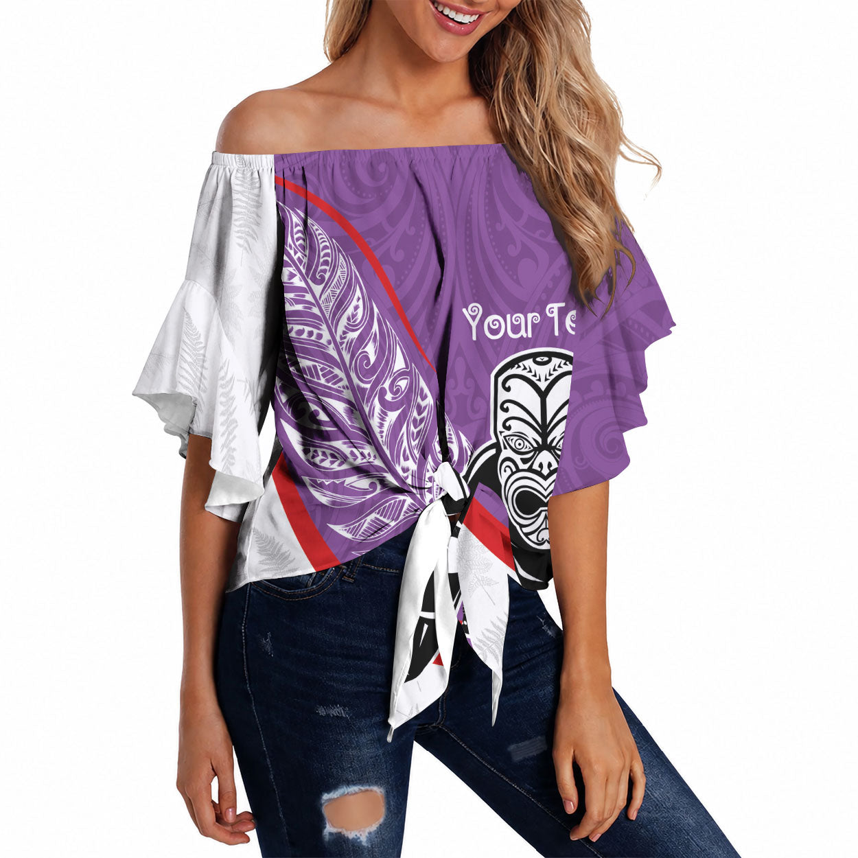 Personalised Aotearoa Lawn Bowls Off Shoulder Wrap Waist Top Maori Warrior and Silver Fern Sporty Style Purple LT03 Purple - Polynesian Pride
