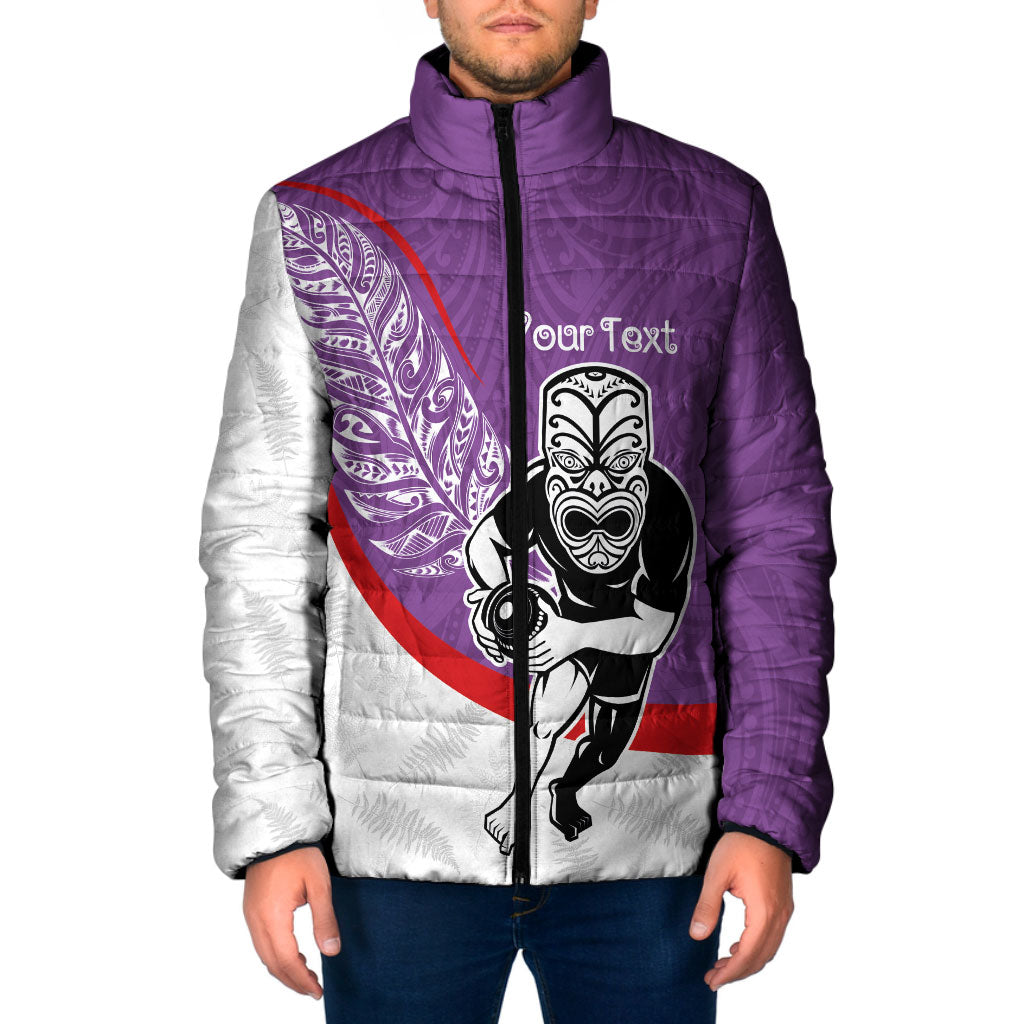 Personalised Aotearoa Lawn Bowls Padded Jacket Maori Warrior and Silver Fern Sporty Style Purple LT03 Men Purple - Polynesian Pride