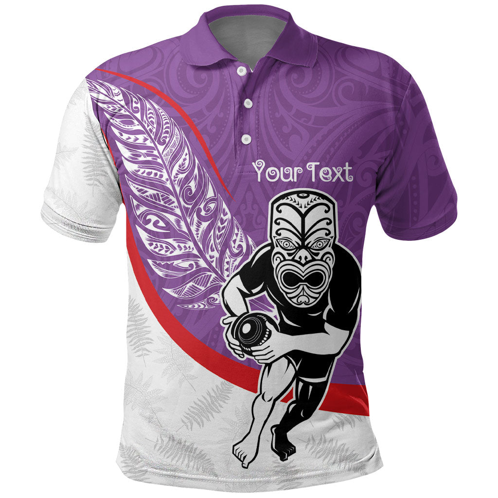 Personalised Aotearoa Lawn Bowls Polo Shirt Maori Warrior and Silver Fern Sporty Style Purple