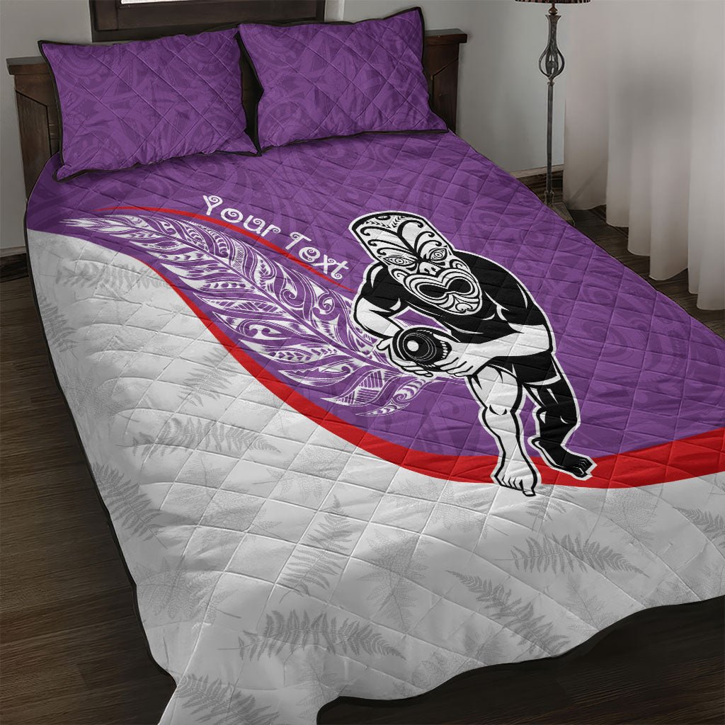 Personalised Aotearoa Lawn Bowls Quilt Bed Set Maori Warrior and Silver Fern Sporty Style Purple LT03 Purple - Polynesian Pride