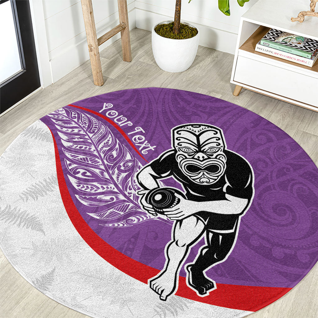 Personalised Aotearoa Lawn Bowls Round Carpet Maori Warrior and Silver Fern Sporty Style Purple LT03 Purple - Polynesian Pride