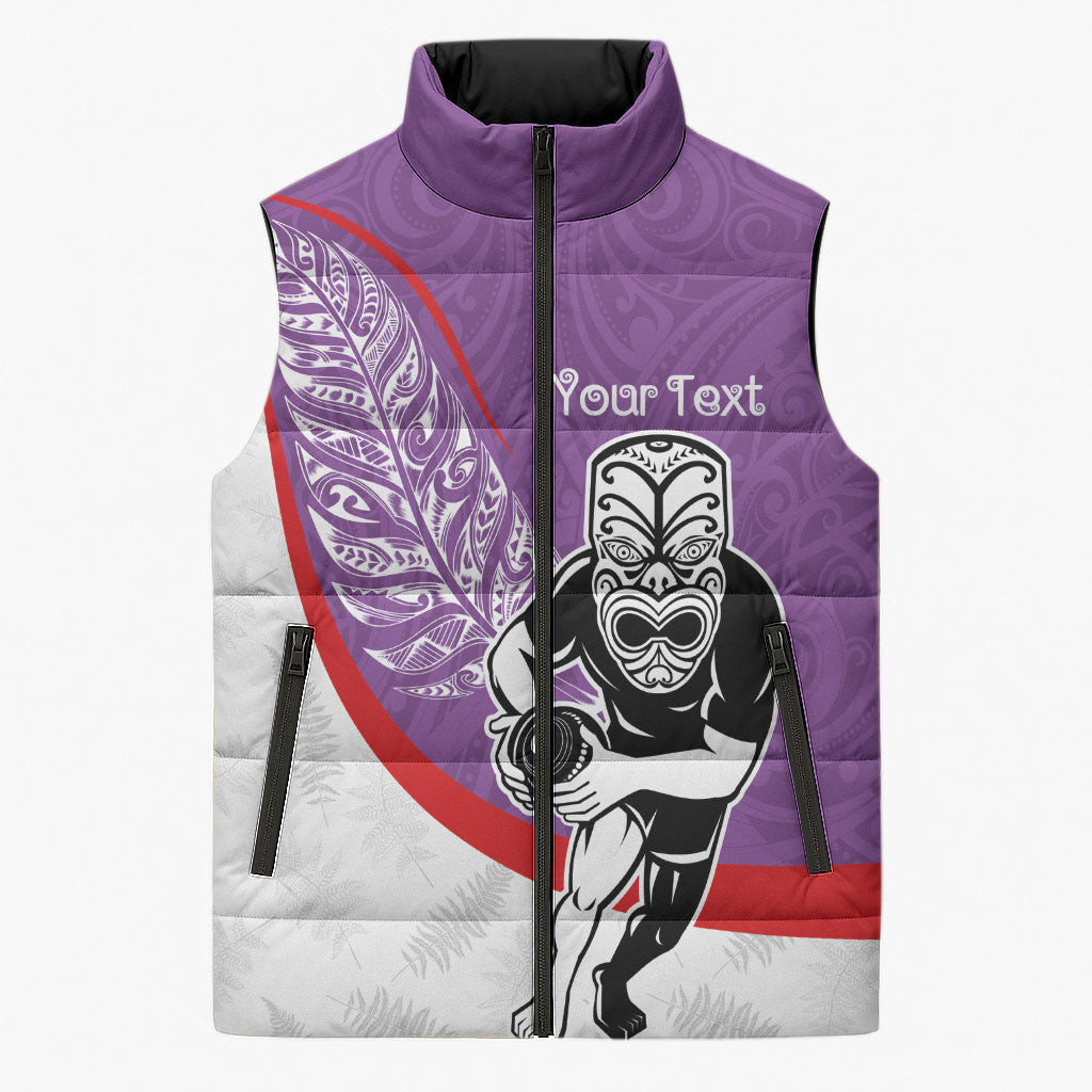 Personalised Aotearoa Lawn Bowls Sleeveless Puffer Jacket Maori Warrior and Silver Fern Sporty Style Purple