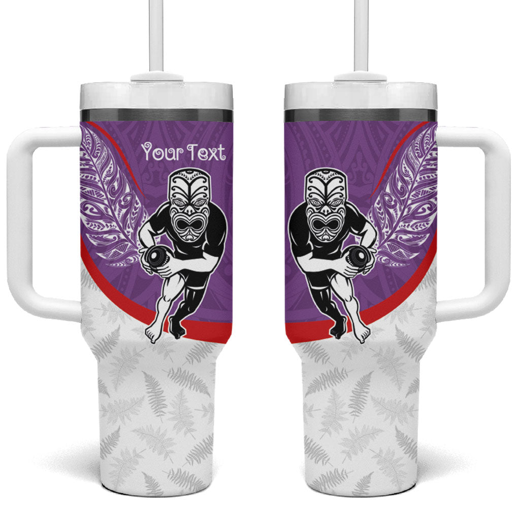 Personalised Aotearoa Lawn Bowls Tumbler With Handle Maori Warrior and Silver Fern Sporty Style Purple