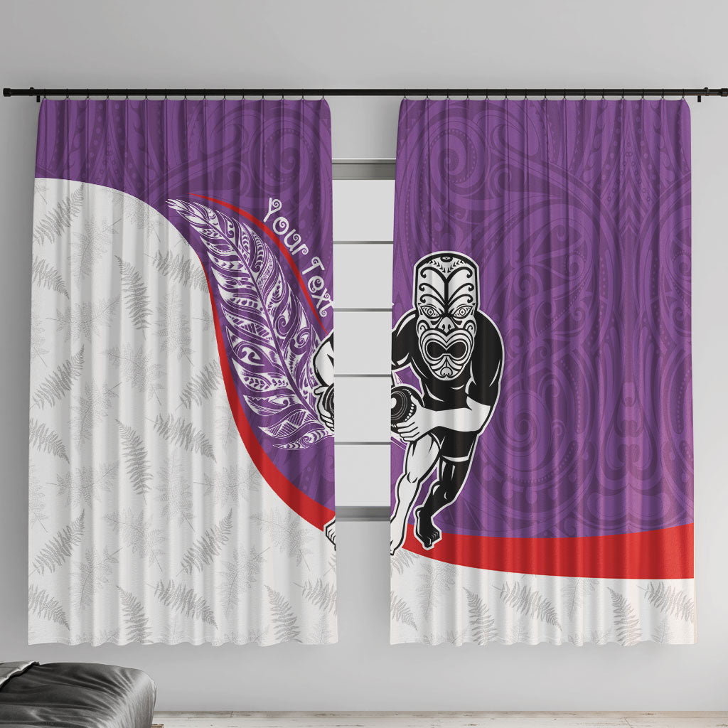Personalised Aotearoa Lawn Bowls Window Curtain Maori Warrior and Silver Fern Sporty Style Purple LT03 With Hooks Purple - Polynesian Pride