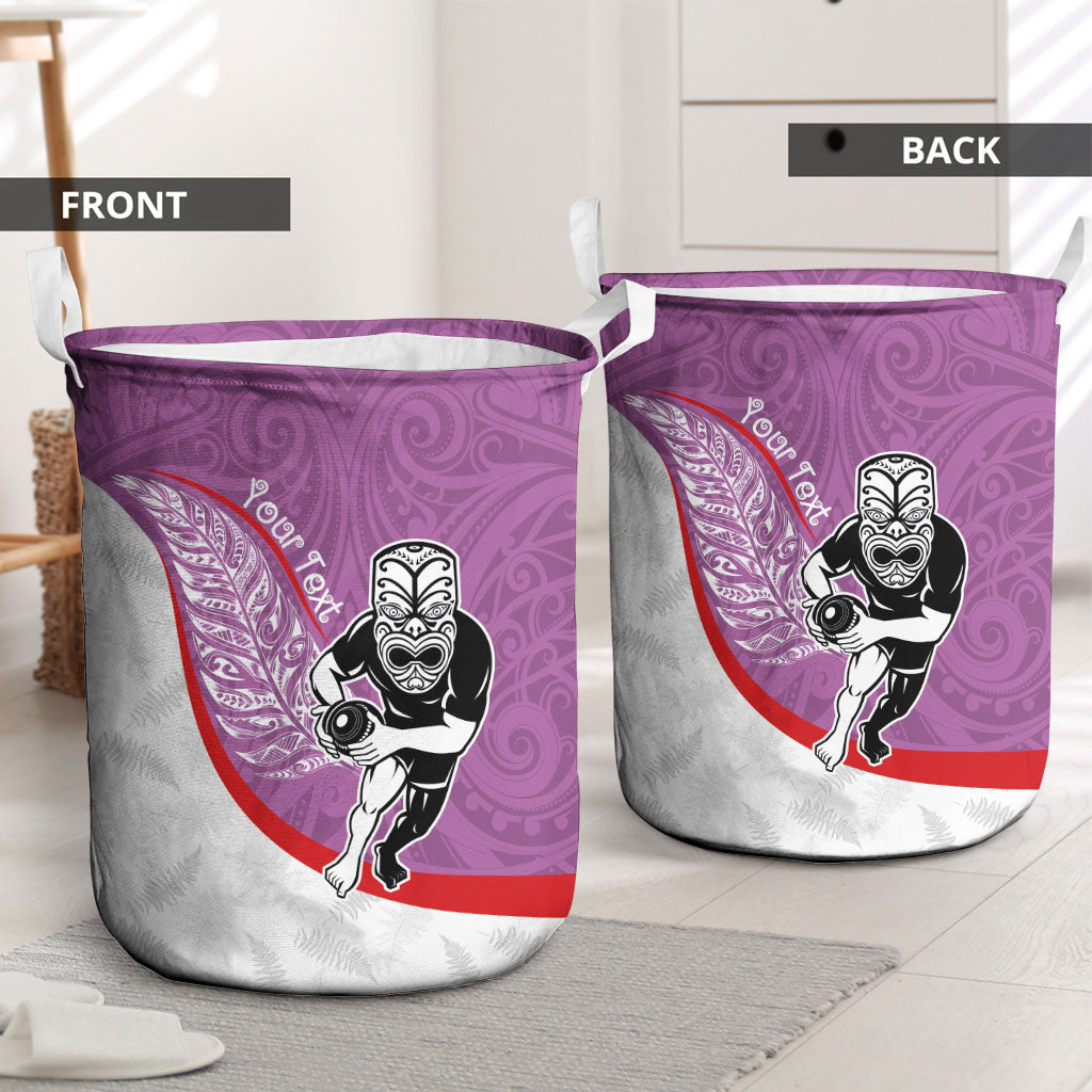 Personalised Aotearoa Lawn Bowls Laundry Basket Maori Warrior and Silver Fern Sporty Style Pink LT03 - Polynesian Pride