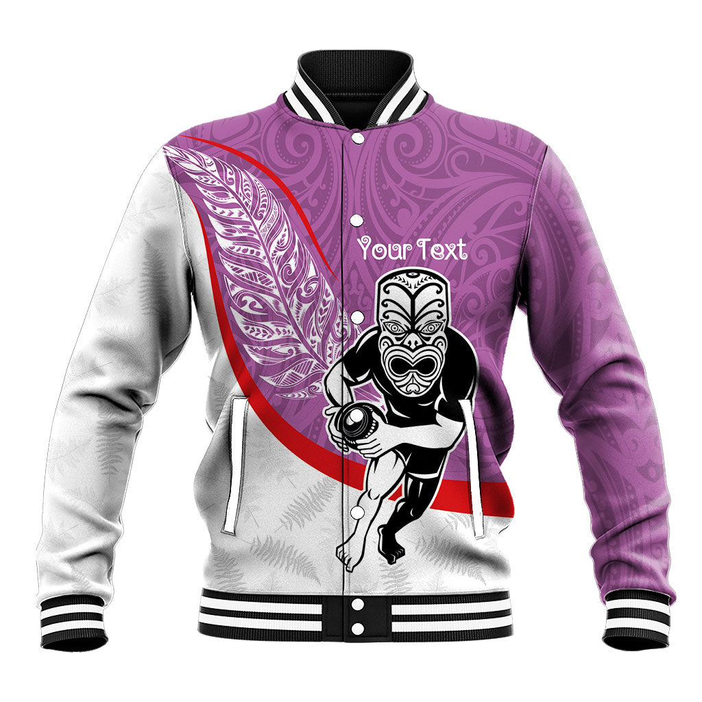 Personalised Aotearoa Lawn Bowls Baseball Jacket Maori Warrior and Silver Fern Sporty Style Pink LT03 Unisex Pink - Polynesian Pride