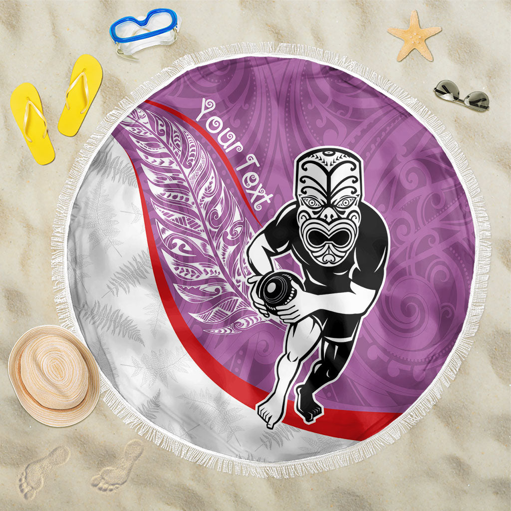 Personalised Aotearoa Lawn Bowls Beach Blanket Maori Warrior and Silver Fern Sporty Style Pink