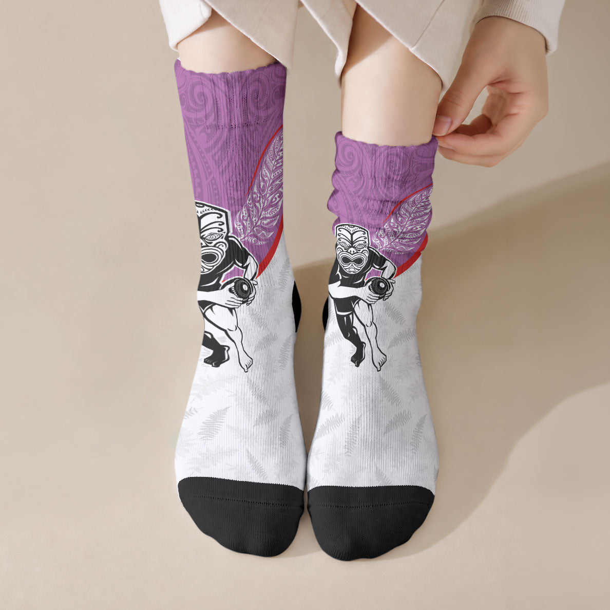 Aotearoa Lawn Bowls Crew Socks Maori Warrior and Silver Fern Sporty Style Pink LT03 Crew Socks Pink - Polynesian Pride