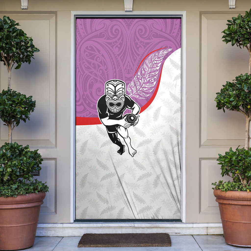 Aotearoa Lawn Bowls Door Cover Maori Warrior and Silver Fern Sporty Style Pink