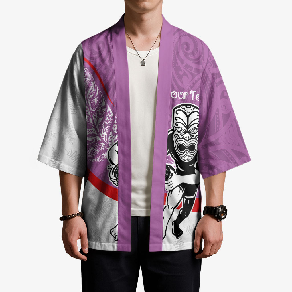 Personalised Aotearoa Lawn Bowls Kimono Maori Warrior and Silver Fern Sporty Style Pink LT03 - Polynesian Pride