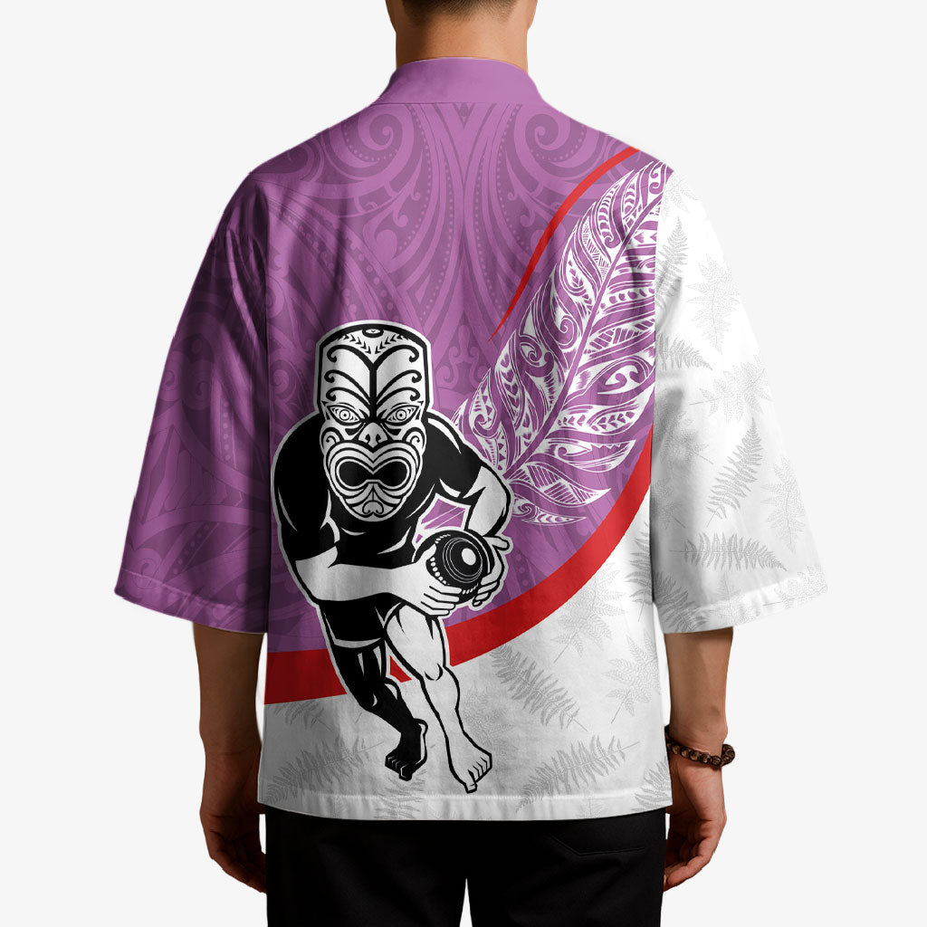 Personalised Aotearoa Lawn Bowls Kimono Maori Warrior and Silver Fern Sporty Style Pink LT03 - Polynesian Pride