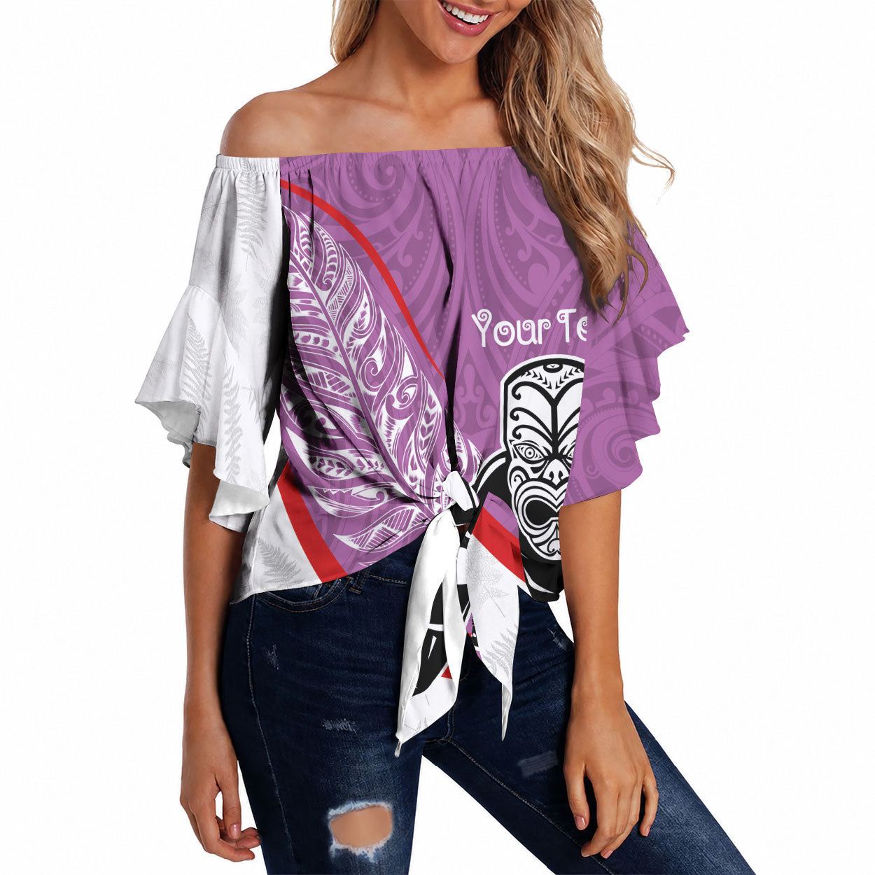 Personalised Aotearoa Lawn Bowls Off Shoulder Wrap Waist Top Maori Warrior and Silver Fern Sporty Style Pink LT03 Pink - Polynesian Pride