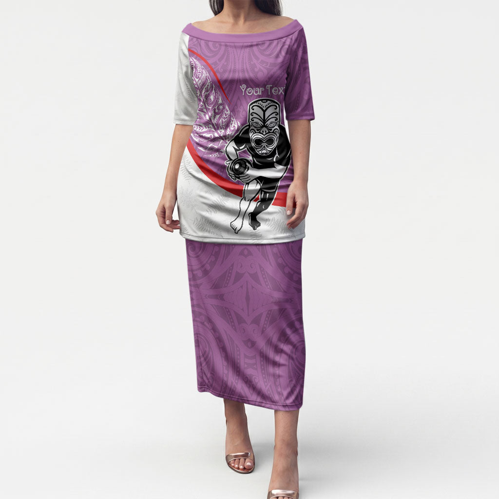 Personalised Aotearoa Lawn Bowls Puletasi Maori Warrior and Silver Fern Sporty Style Pink LT03 Long Dress Pink - Polynesian Pride