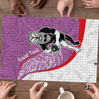 Personalised Aotearoa Lawn Bowls Puzzle Maori Warrior and Silver Fern Sporty Style Pink LT03 - Polynesian Pride