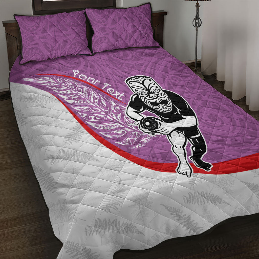 Personalised Aotearoa Lawn Bowls Quilt Bed Set Maori Warrior and Silver Fern Sporty Style Pink LT03 Pink - Polynesian Pride
