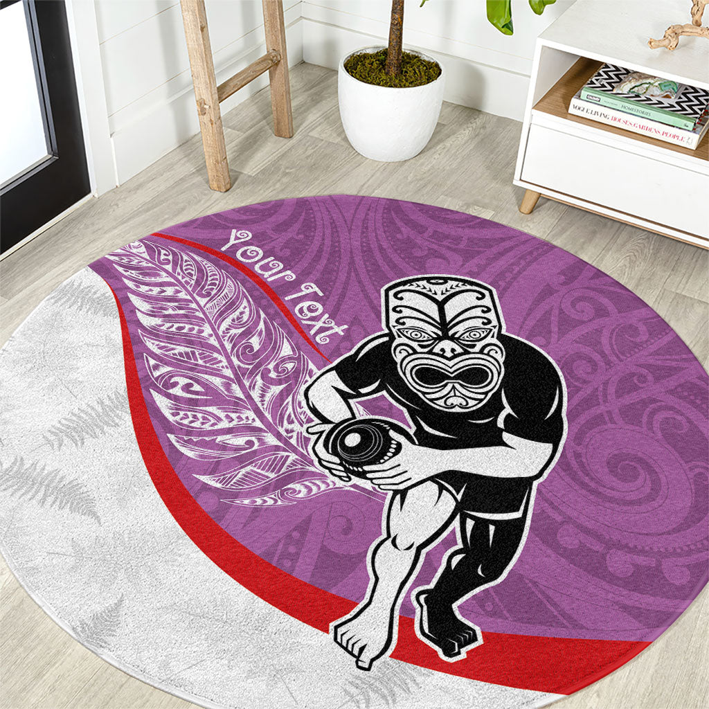 Personalised Aotearoa Lawn Bowls Round Carpet Maori Warrior and Silver Fern Sporty Style Pink LT03 Pink - Polynesian Pride