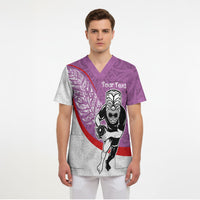 Personalised Aotearoa Lawn Bowls Scrub Top Maori Warrior and Silver Fern Sporty Style Pink LT03 - Polynesian Pride