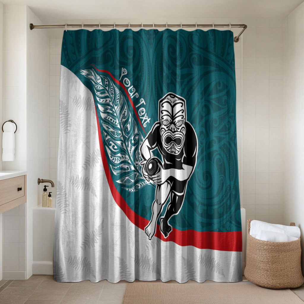 Personalised Aotearoa Lawn Bowls Bathroom Set Maori Warrior and Silver Fern Sporty Style Teal LT03 Shower Curtain Only Teal - Polynesian Pride