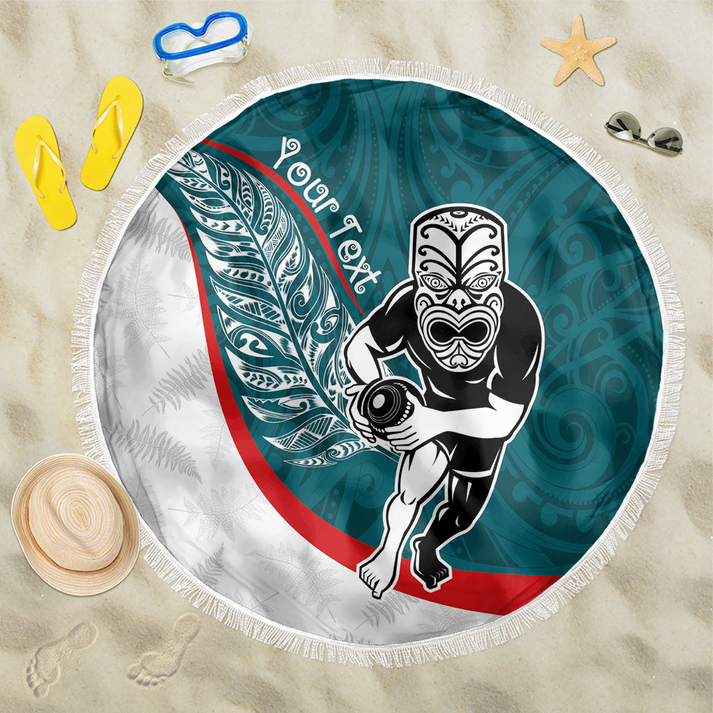Personalised Aotearoa Lawn Bowls Beach Blanket Maori Warrior and Silver Fern Sporty Style Teal LT03 One Size 150cm Teal - Polynesian Pride