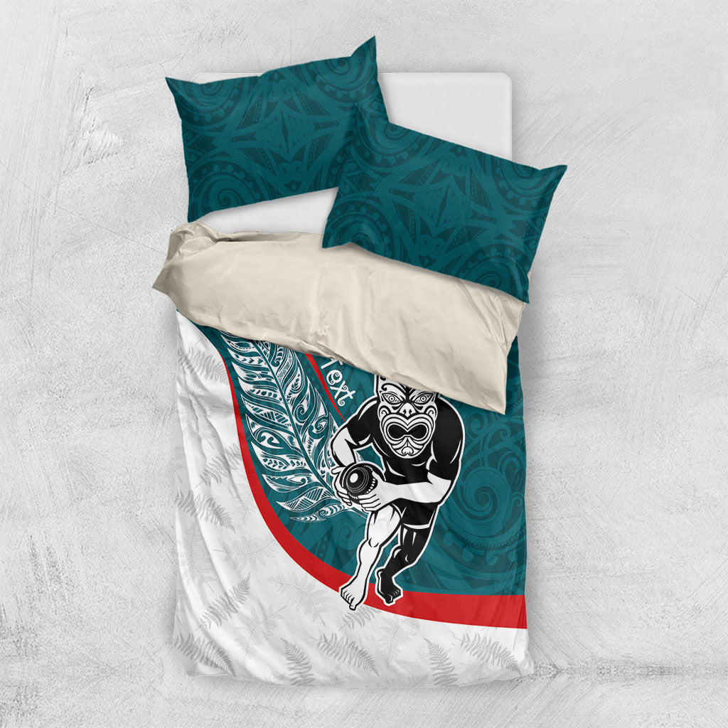 Personalised Aotearoa Lawn Bowls Bedding Set Maori Warrior and Silver Fern Sporty Style Teal LT03 US Twin 172cm x 218cm Teal - Polynesian Pride