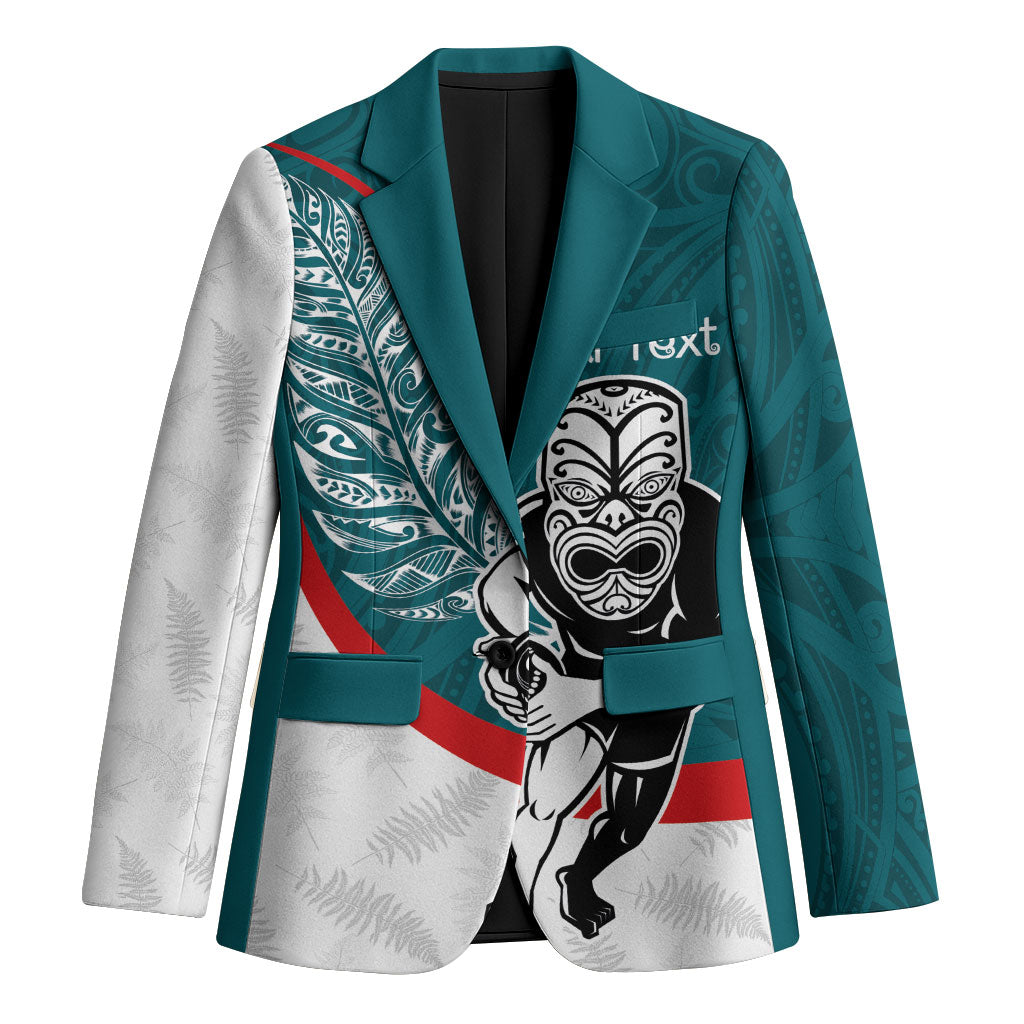 Personalised Aotearoa Lawn Bowls Blazer Maori Warrior and Silver Fern Sporty Style Teal