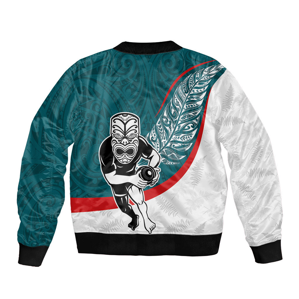 Personalised Aotearoa Lawn Bowls Bomber Jacket Maori Warrior and Silver Fern Sporty Style Teal LT03 - Polynesian Pride