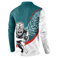 Personalised Aotearoa Lawn Bowls Button Sweatshirt Maori Warrior and Silver Fern Sporty Style Teal LT03 - Polynesian Pride